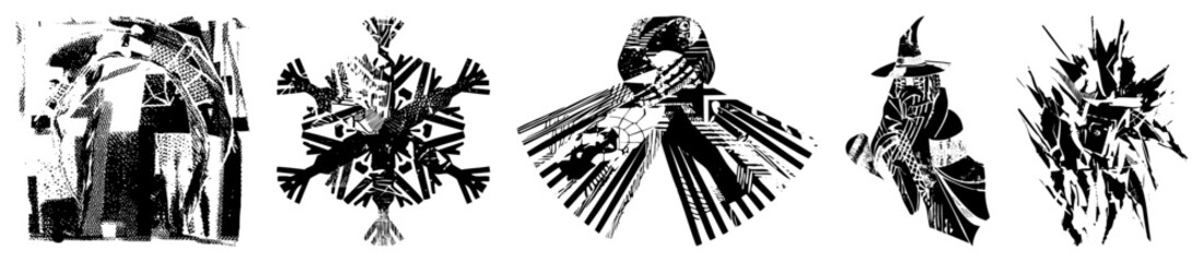 Naklejka premium Stylized black and white halftone characters with geometric fragmentation, vector art, graphic design elements, isolated figures, bold, abstract representation.