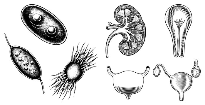 Medical vector diagram showing kidney anatomy and microscopic organisms, including amoeba, flagellates, and protozoa, rendered in halftone style for educational use.
