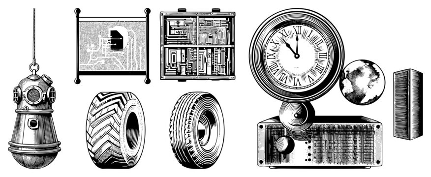 Antique diving helmet, antique radio, globe, tires, blueprint scroll, circuit board box, clock classic engineering artifacts, isolated vector illustrations, technical heritage.