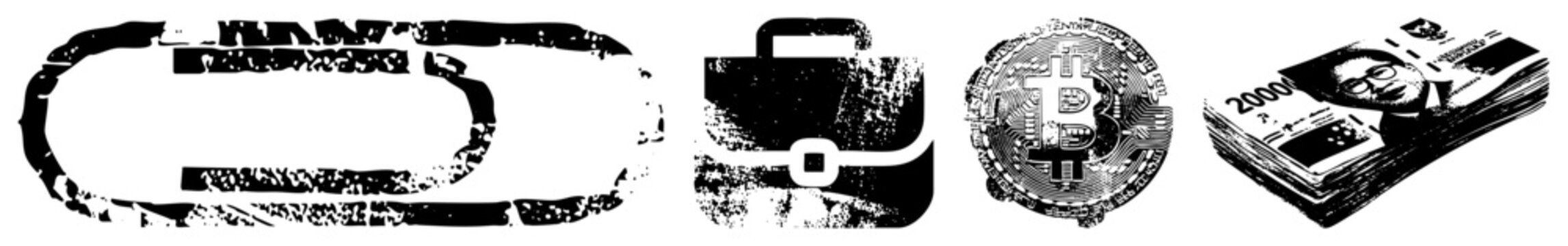 Textured black and white vector chain, briefcase, Bitcoin coin, cash stack. Urban, gritty, financial, tech, business, crypto, money, finance, digital assets.