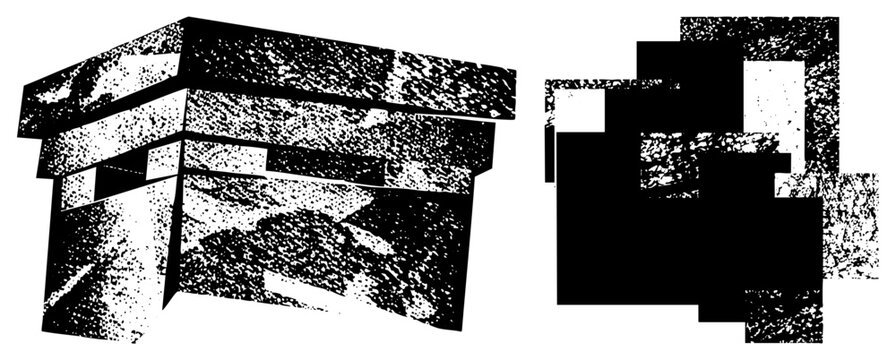 Stylized 3D cubes rendered in halftone dot, abstract geometric forms, minimalist vector art, digital graphic design, composition.