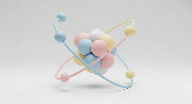Detailed 3D atomic model showing a complex nucleus of pastel-colored protons and neutrons with electrons orbiting in paths. Representation of quantum physics, molecular structure, nuclear energy