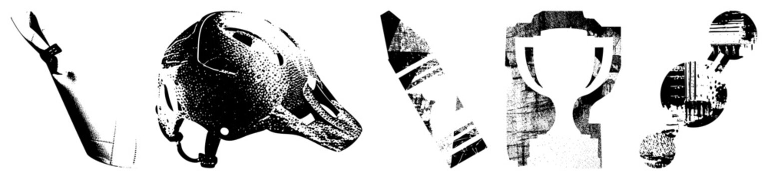 Stylized halftone sports equipment including hockey helmet, goalie stick, trophy, and puck, rendered in gritty vector texture, ideal for athletic branding or game design.