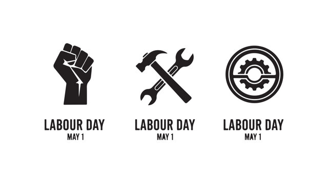 Labour Day Icons Set With Fist Hammer Gears On White For May 1st Celebrations