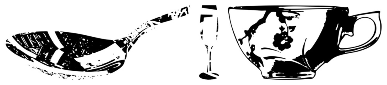 Antique style tea cup with motif and matching coffee spoon, both rendered in high contrast black and white, featuring textured grip and decorative detailing.