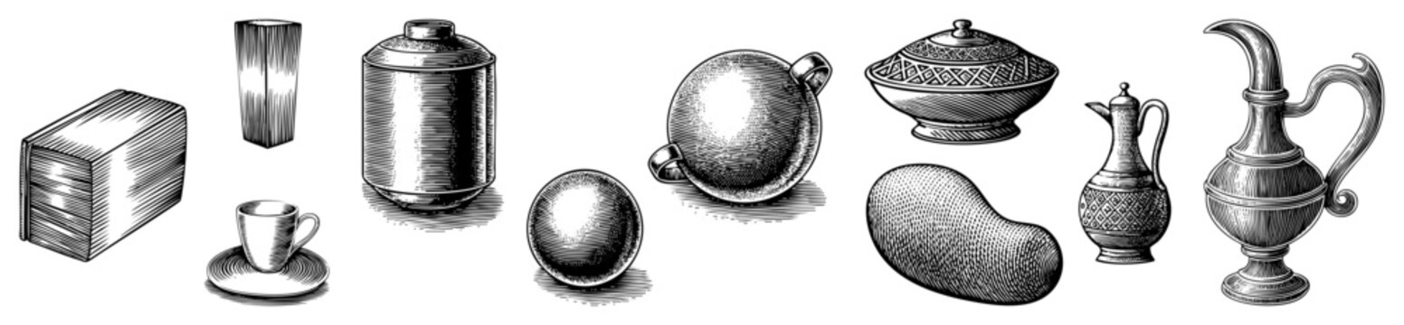 Antique style ceramic jars, ornate pitchers, and metal containers with intricate hatching, hand drawn vintage illustration, isolated objects on transparent background.