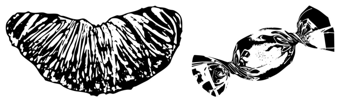 Artistic sketch of croissant pastry and wrapped candy, stylized graphic, food illustration, design, confectionery.