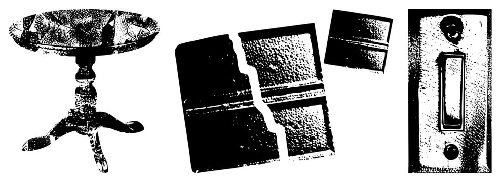 Ornate table, fragmented book, plate classic home decor, halftone texture, black and white vector art, isolated design elements.