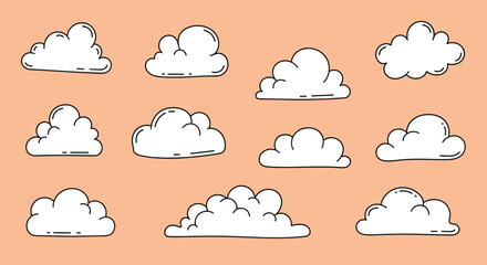 Obraz premium A whimsical illustration of two white cartoon clouds on a soft peach background, evoking a sense of calmness and serenity.
