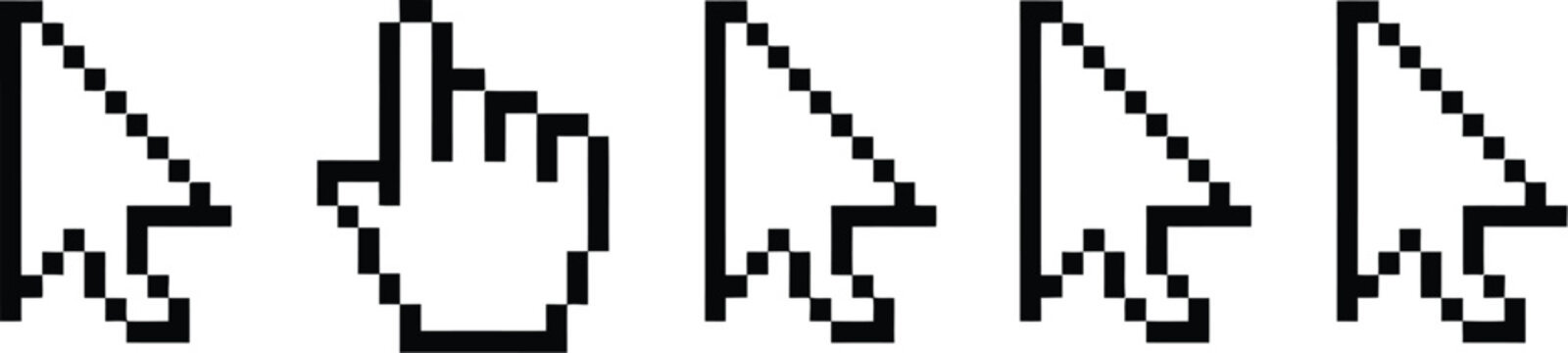 Cursor, pixelated computer mouse icons with arrow and hand pointer, retro digital style, web design elements, UI interface symbols isolated.