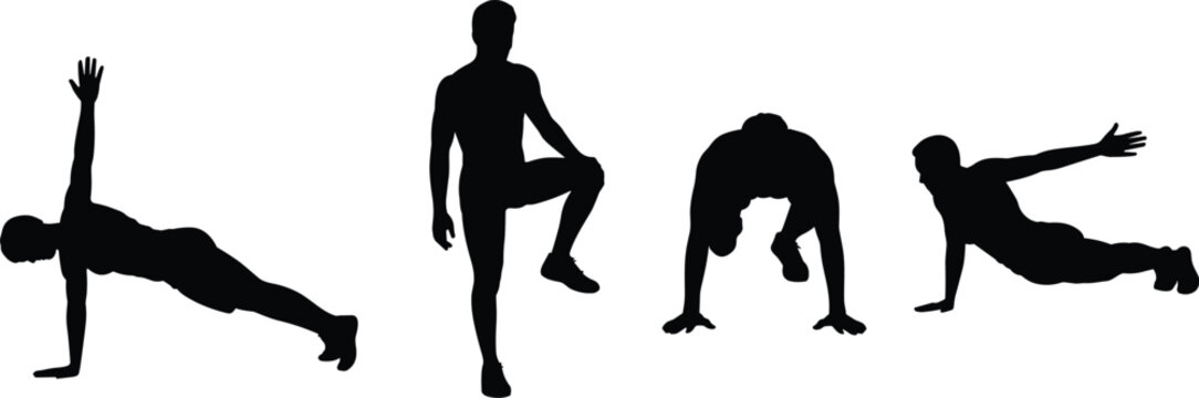 Vector silhouettes of bodyweight exercises showing side plank, high knee, deep squat, and stretching positions for fitness, training, health, wellness illustration.