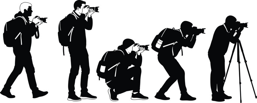Silhouettes of photographers in diverse shooting poses with cameras, elegant outline design symbolizing photography, technique, creativity themes