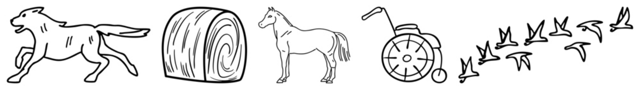 Animal and object in minimalist style leaping dog, rolled hay bale, standing horse, manual wheelchair, flock of birds in flight all isolated vector graphics.