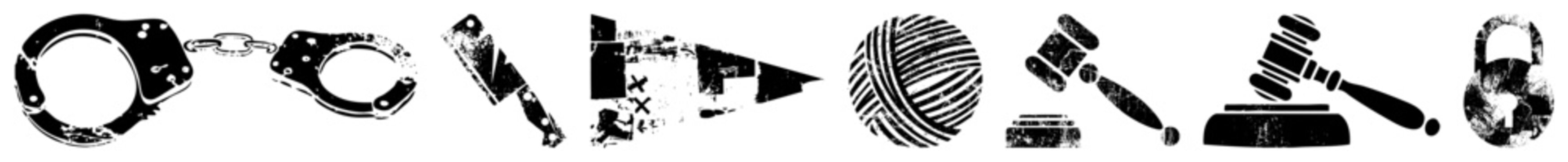 Handcuffs, knife, gavel, fingerprint, padlock law enforcement, justice symbols, legal system, crime prevention, security tools.