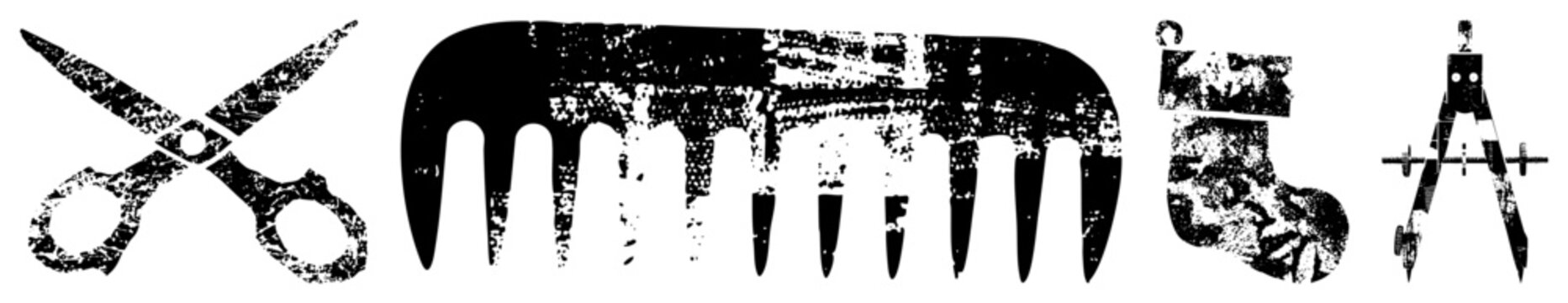 Classic grooming and drafting tools rendered in gritty black and white, stylized for design, crafts, or seasonal themes, featuring scissors, comb, Christmas, and compass.
