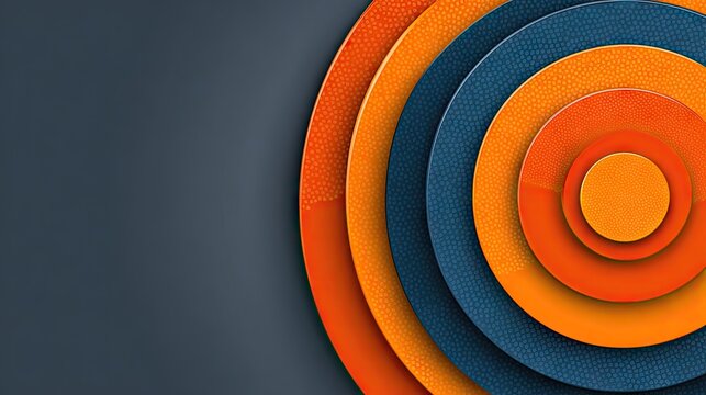 Concentric circular shapes layered with textured surfaces align against a dark background on the right side.