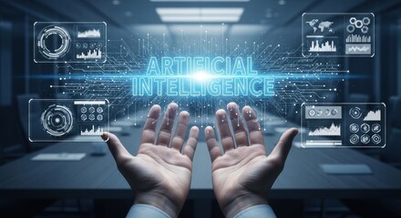 Fototapeta premium Open hands presenting artificial intelligence hologram, digital brain analytics, neural data connections, futuristic business intelligence in virtual boardroom