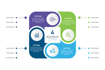 Obraz premium 4 Options Venn diagram business infographic square circle chart Template with Colorful Quadrants and Icons for Corporate Strategy, Workflow, and Data Presentation