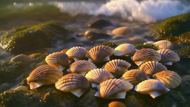 Sun-drenched scallop shells artfully arranged on mossy coastal rocks, capturing the serene ocean with gentle waves and the tranquil beauty of nature's shore