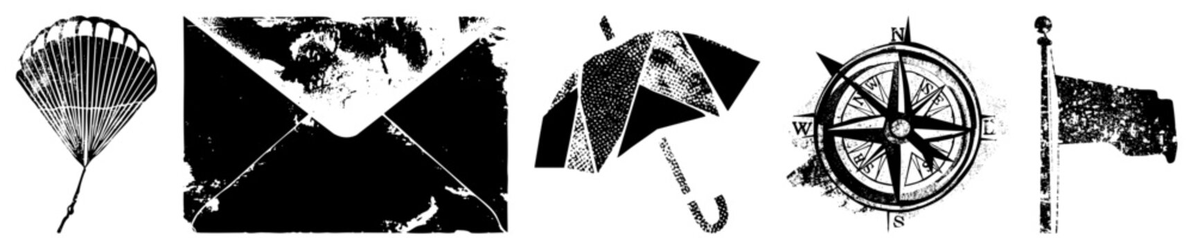 Retro halftone parachute, sealed envelope, dotted umbrella, compass rose, telescope classic travel and communication symbols.