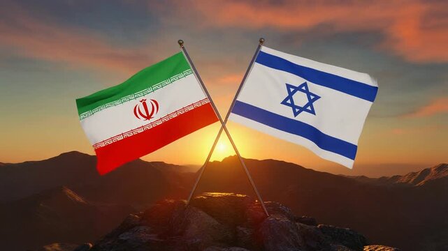 A symbolic geopolitical composition featuring two crossed national flags displayed prominently against a scenic sunset over mountainous terrain. On the left, the Iranian flag with green, white, and re