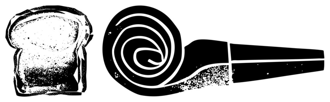 Black and white halftone vector art of a bread slice and spiral pipe, minimalist graphic design, isolated food and smoking.
