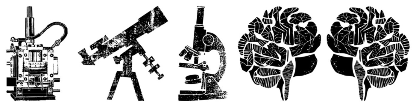 Telescope, microscope, industrial press, brain cutouts scientific tools and neural structures rendered in distressed black vector art.