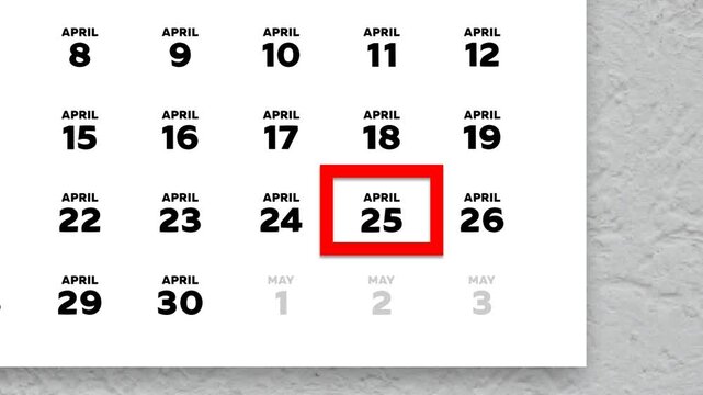 The date April 25th marked with a red cursor on the wall calendar 2026