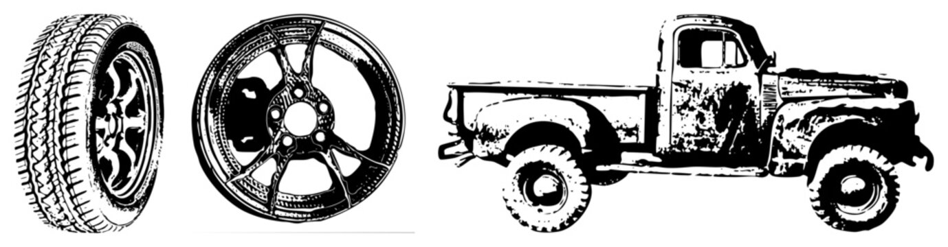 Classic pickup truck with weathered paint, paired with detailed alloy wheels and treaded tires, vector illustration, automotive, retro vehicle, isolated graphics.