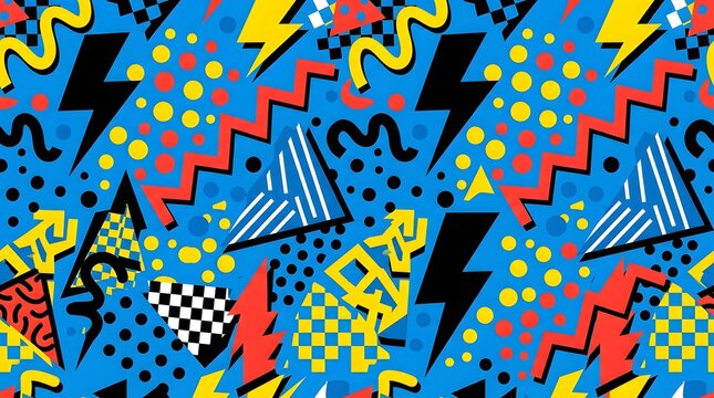 Colorful Retro Geometric Pattern with Lightning Bolts and Dots.