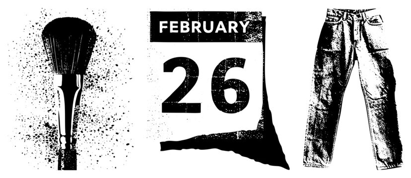 Makeup brush with powder splatter, February 26th calendar page, denim jeans, isolated graphic elements, halftone style, flat design, fashion and beauty.