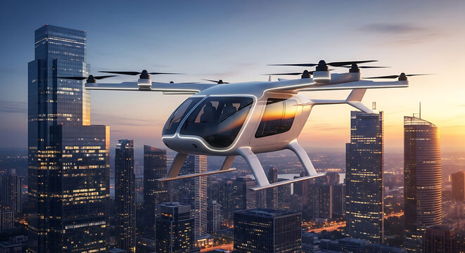 Sleek White Flying Vehicle eVTOL Soaring over a High Rise Business District during Golden Hour, Concept of Next Generation Personal Aviation and Clean Urban Commuting