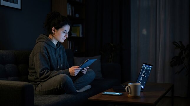 Woman Relaxing on Couch with Tablet at Night in Dark Living Room
