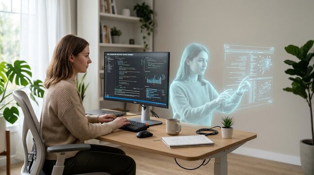 Businesswoman Working with Virtual Assistant at Modern Office Desk