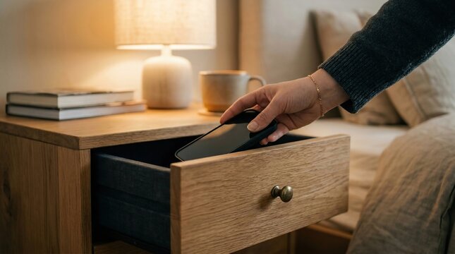 Hand placing phone in wooden bedside table drawer in cozy bedroom