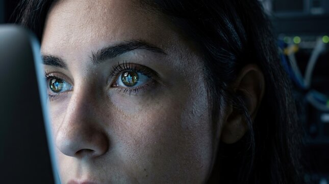 Woman Focused on Screen with Blue Eyes and Dark Hair