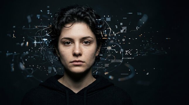 Young Woman with Futuristic Background and Glowing Circuitry