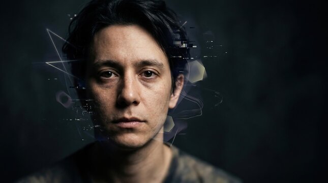 Moody Portrait of a Young Man with Dark Hair and Futuristic Elements