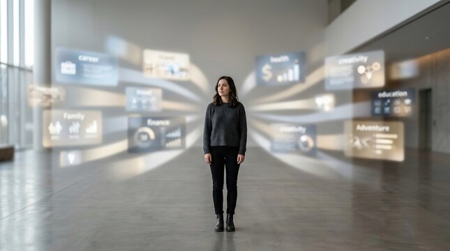 Woman Standing in Modern Room with Futuristic Digital Displays and Financial Icons