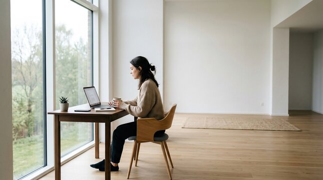 Woman Working Remotely on Laptop in Modern Minimalist Office Space with Large Window