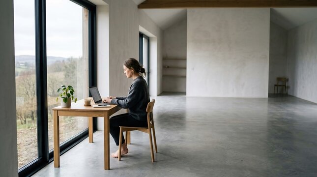 Woman Working Remotely on Laptop in Modern Minimalist Office Space with Large Windows