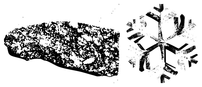Rough hewn stone texture with granular detail, paired with stylized snowflake motif, halftone effect, vector art, isolated graphic elements.