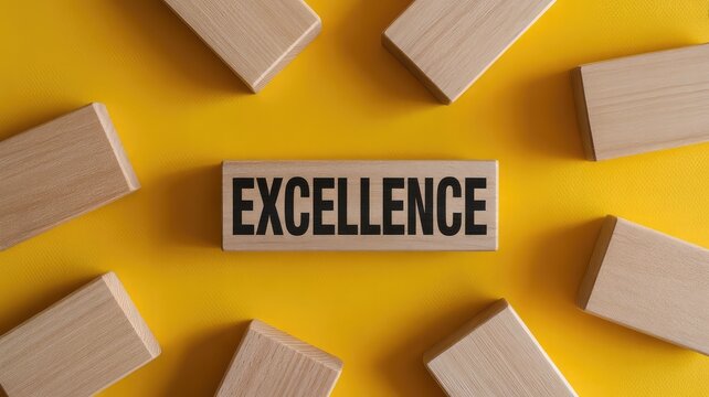 "Excellence" written on a wooden block on a yellow background, strategically surrounded by other wooden blocks, symbolizing achievement and high standards.