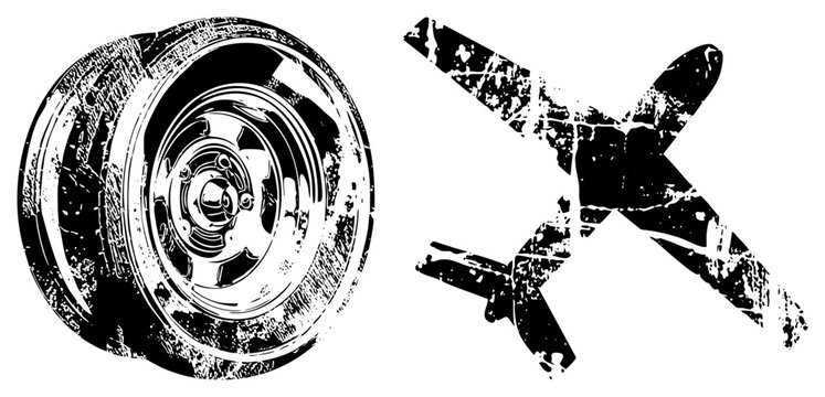 Vintage automotive wheel with worn texture, aircraft plane silhouette, distressed graphic style, vector, isolated transport elements.