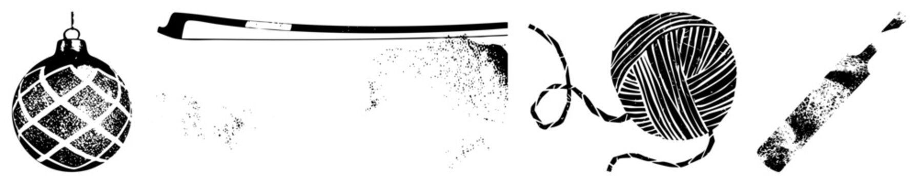 Holiday ornament with grid, violin bow, spool of yarn, marker pen all rendered in halftone style, isolated vector for design use.