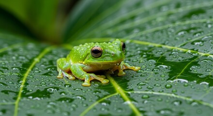 Obraz premium Small green frog on wet leaf.