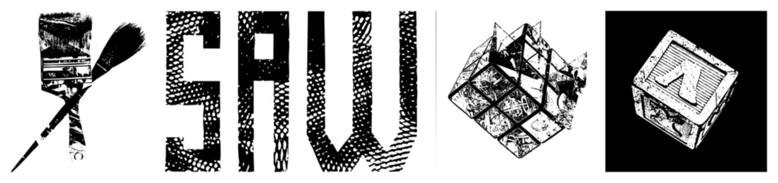 Brushstroke, textured typography, cube block letters, halftone, design symbols, isolated vector graphics, creative assets.