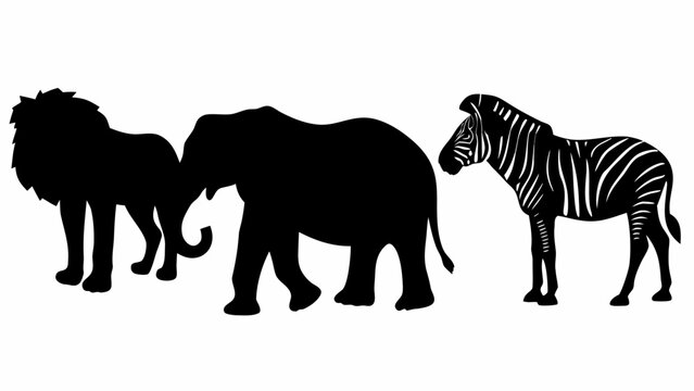 Black silhouettes of lion elephant and zebra standing side by side on white background wild animals vector