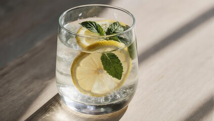 Fototapeta premium Refreshing Lemon and Mint Infused Water in Glass.