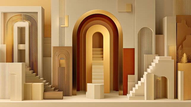 Complex architectural composition features repeating arches, stairs, and geometric forms in a neutral and golden palette